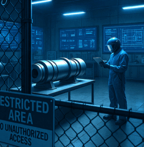 Artwork depicting a secure manufacturing facility